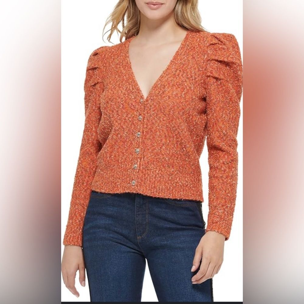Karl Lagerfeld Paris orange ruffle shoulder cardigan sweater, wool blend, medium